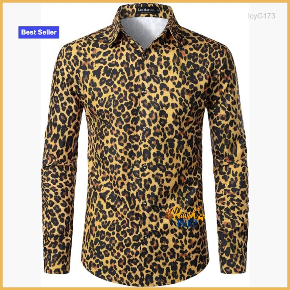 Men's Slim Fit Long Sleeve Button Down Shirt Leopard Print Animal Pattern